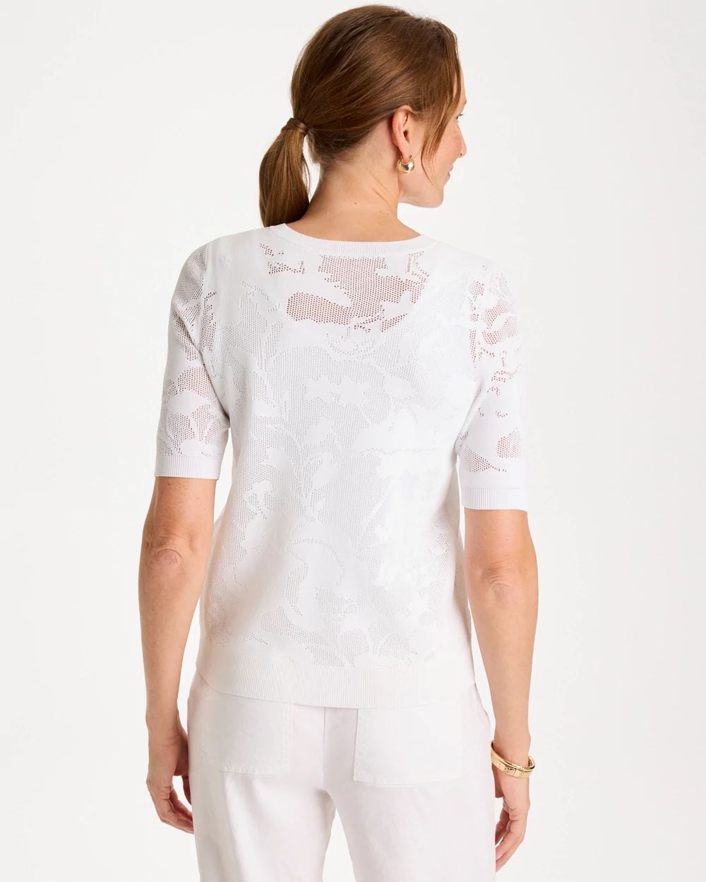トップス eLLa sheer jacquard PO (white) Ella Short-Sleeve Pointelle Sweater | Chico's